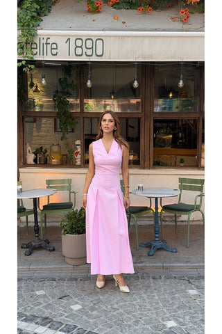 V Yaka Kolsuz Belden Oturan Atlas Maxi Kadın Günlük Özel Gün Elbise