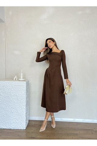 Kayık Yaka Omuz Detaylı Uzun Özel Gün Günlük Kadın Elbise