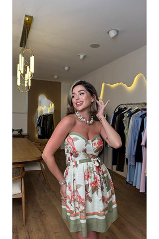 Olivia Straplez Çiçek Desenli Mini Elbise - Haki - EU3222