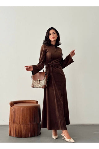 Kadife Yandan Bağlamalı Yarım Pat Düğmeli Özel Gün Günlük Uzun Boy Kadın Elbise
