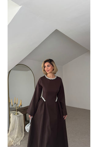 Amour Uzun Kol Elbise - Kahverengi - EU3255
