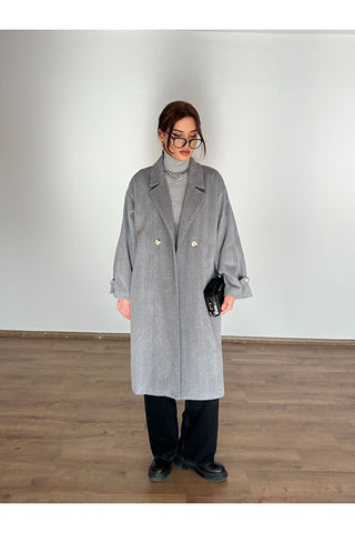 Kolu Pileli Düğmeli Oversize Kaban
