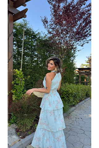 Volanlı Çiçek Desenli Elbise - Mavi - EU3221
