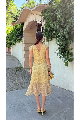 Desenli Eteği Fırfırlı Midi Boy Kadın Elbise