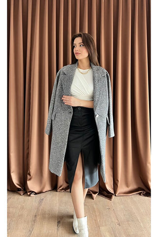 Oversize Simli Astarlı Kaşe Kaban