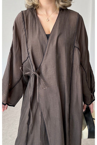 Biyeli Tensel Kimono Pantolon Takım-Kahverengi