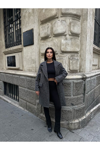 Oversize Simli Astarlı Kaşe Kaban