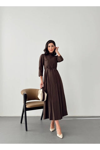 Kadın Pile Detaylı Uzun Boy Kuşaklı Özel Gün Günlük Elbise