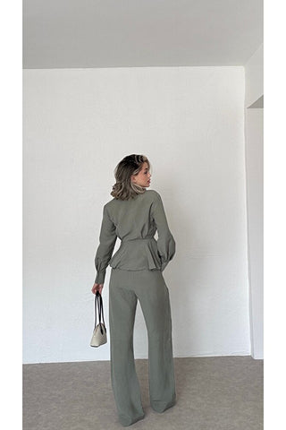 Volanlı Gömlek Pantolon Takım-Yeşil