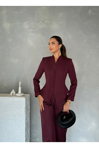 Vatkalı Önü Düğmeli Klasik Kadın Arven Ceket Pantolon Takım