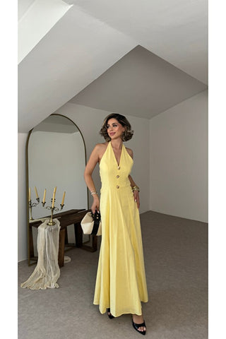 Sole Halter Yaka Maxi Elbise - Sarı - EU3211
