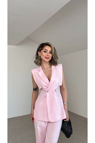 Omuz Parçalı Yelekli Takım-Pembe-EU2165