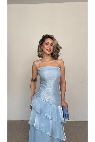 Volanlı Askılı Elbise-Mavi-EU3196