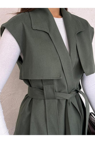 Rüzgarlık Detaylı Kuşaklı Kolsuz Kadın Şık Klasik Günlük Nişan Düğün Pantolon Yelek Takım