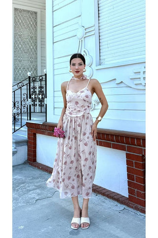 Desenli Boyundan Gül Bağlama Detaylı Askılı Kadın Özel Gün Günlük Elbise