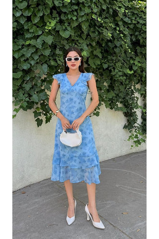 Desenli Eteği Fırfırlı Midi Boy Kadın Elbise