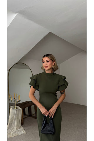 Volanlı Kollu Elbise - Haki - EU3256