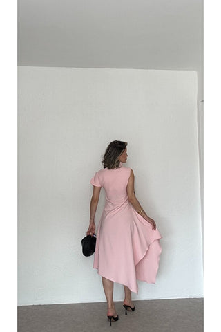 Asimetrik Yaka Midi Elbise - Pembe - EU3169