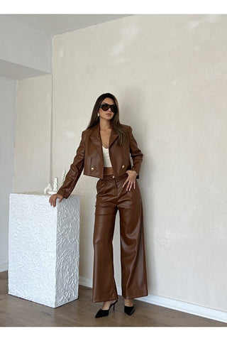 Kadın Deri Astarlı Kısa Ceket Pantolon Takım