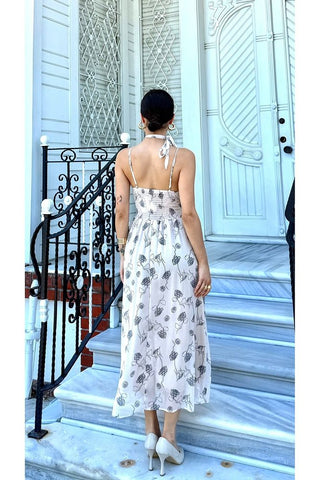 Desenli Boyundan Gül Bağlama Detaylı Askılı Kadın Özel Gün Günlük Elbise