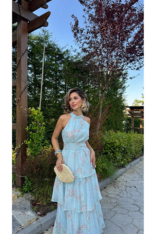 Volanlı Çiçek Desenli Elbise - Mavi - EU3221