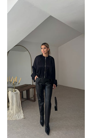 Saten Bomber Ceket - Siyah - EU8095