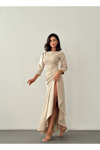 Eteği Yırtmaçlı Fırfırlı Uzun Boy Özel Gün Düğün Nişan Mezuniyet Kadın Elbise