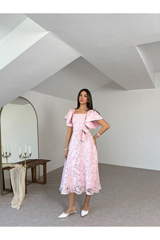 Jakarlı Tül Elbise-Pembe-EU3189