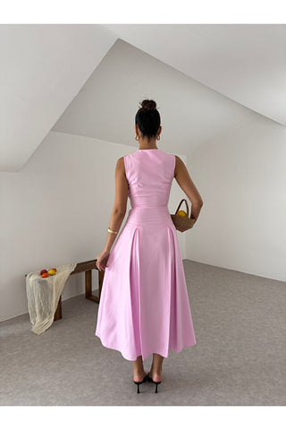 V Yaka Kolsuz Belden Oturan Atlas Maxi Kadın Günlük Özel Gün Elbise-Pembe -EU3132