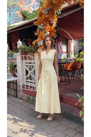 V Yaka Kolsuz Belden Oturan Atlas Maxi Kadın Günlük Özel Gün Elbise