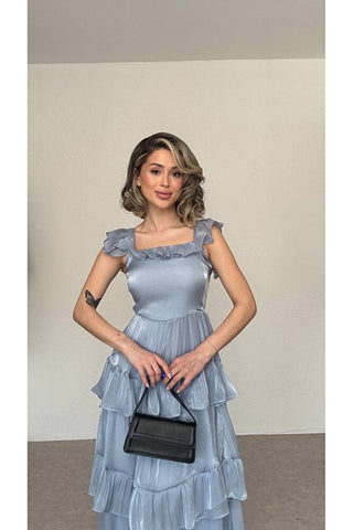 Fırfırlı Organze Elbise-Mavi-EU3193