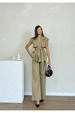 Rüzgarlık Detaylı Kuşaklı Kolsuz Kadın Şık Klasik Günlük Nişan Düğün Pantolon Yelek Takım