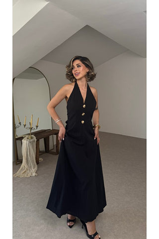 Sole Halter Yaka Maxi Elbise - Siyah - EU3211