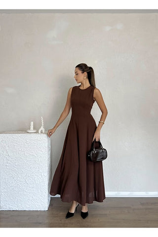 Biyeli Uzun Belden Aşağı Çan İnen Kolsuz Şık Günlük Kadın Elbise