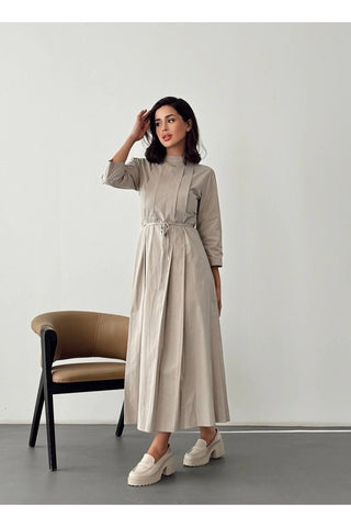 Kadın Pile Detaylı Uzun Boy Kuşaklı Özel Gün Günlük Elbise