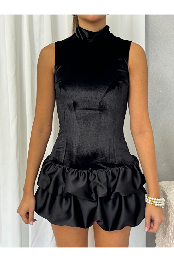 Balon Etekli Kadife Mini Altı Şortlu Özel Gün Şık Kadın Velvet Elbise