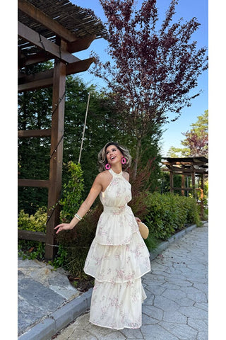 Volanlı Çiçek Desenli Elbise - Bej -EU3221