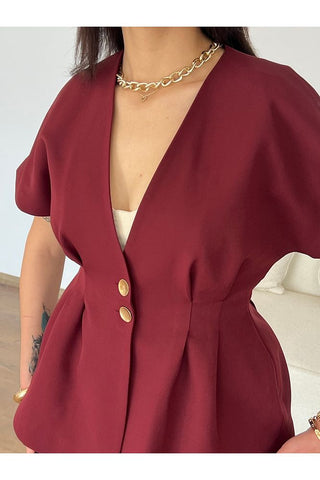Belden Oturtmalı Kısa Kol Düğmeli Kadın Ceket