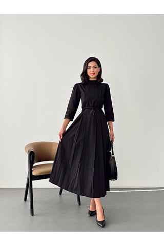 Kadın Pile Detaylı Uzun Boy Kuşaklı Özel Gün Günlük Elbise