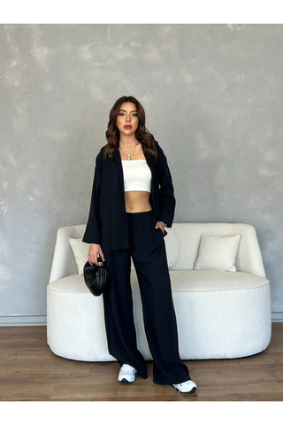 Pile Detaylı Bol Paça Pantolon