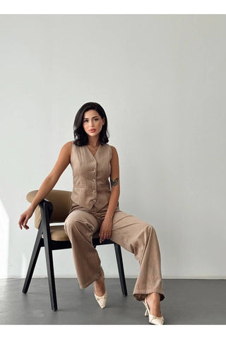 Fitilli Kadife Yelek Pantolon Kadın Günlük Özel Günlük Takım