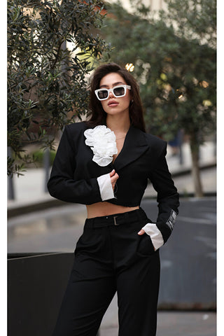 Yakası Poplin Çiçekli Ceket Pantolon Takım