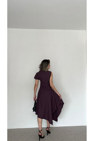 Asimetrik Yaka Midi Elbise-Mor-EU3169