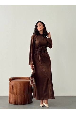 Kadife Yandan Bağlamalı Yarım Pat Düğmeli Özel Gün Günlük Uzun Boy Kadın Elbise