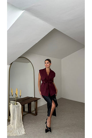 Aller Detaylı Kuşaklı Yelek - Bordo - EU7012