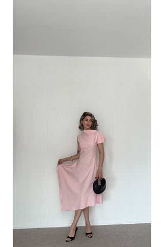Asimetrik Yaka Midi Elbise - Pembe - EU3169