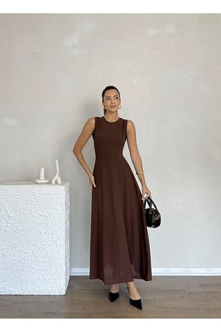 Biyeli Uzun Belden Aşağı Çan İnen Kolsuz Şık Günlük Kadın Elbise