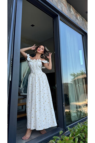 Romance Korsaj Elbise - Sarı Çiçek Desenli - EU3213