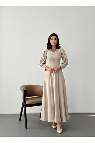 V Yaka Önü Düğme Detaylı Belden Oturan Uzun Boy Günlük Özel Gün Kadın Elbise