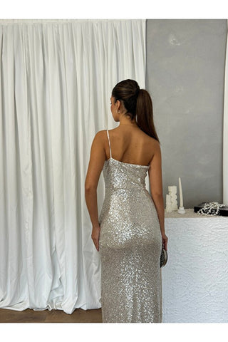 Tek Kol Pul Payetli Uzun Boy Astarlı Yırtmaçlı Özel Gün Kadın Crystal Elbise